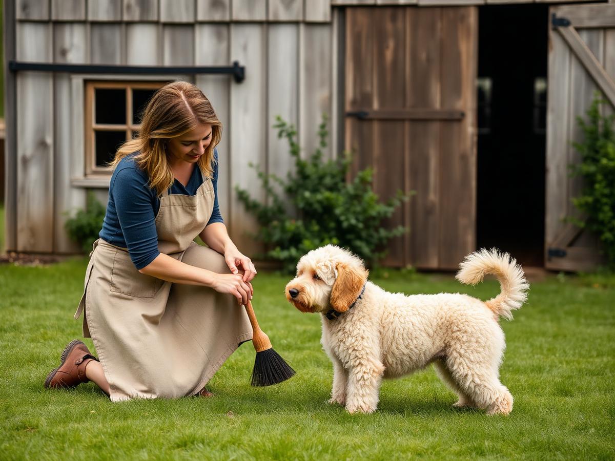 Breeder brushing an adult cream doodle in a green farmhouse yard