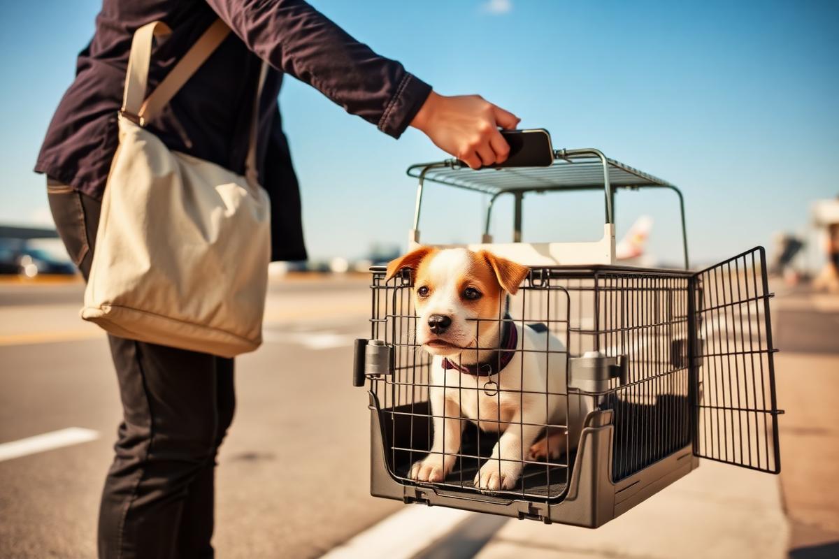 A flight nanny handing over a puppy in a travel crate at airport curbside