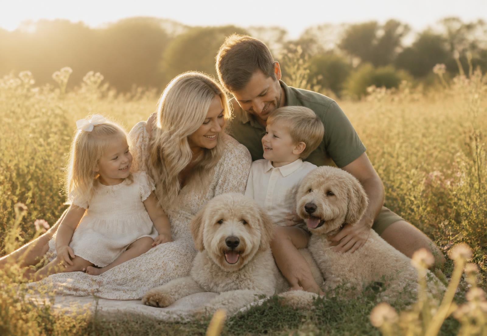 A family sitting in a sunlit meadow with two cream doodles