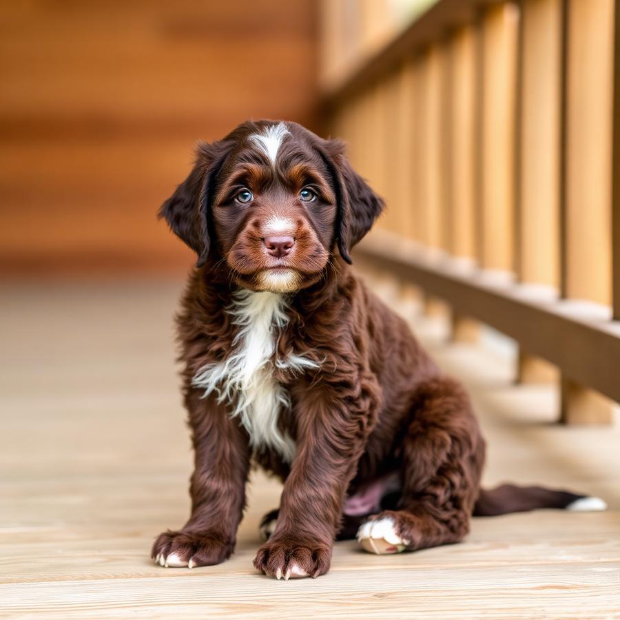 Cedar, a chocolate with white blaze medium bernedoodle puppy
