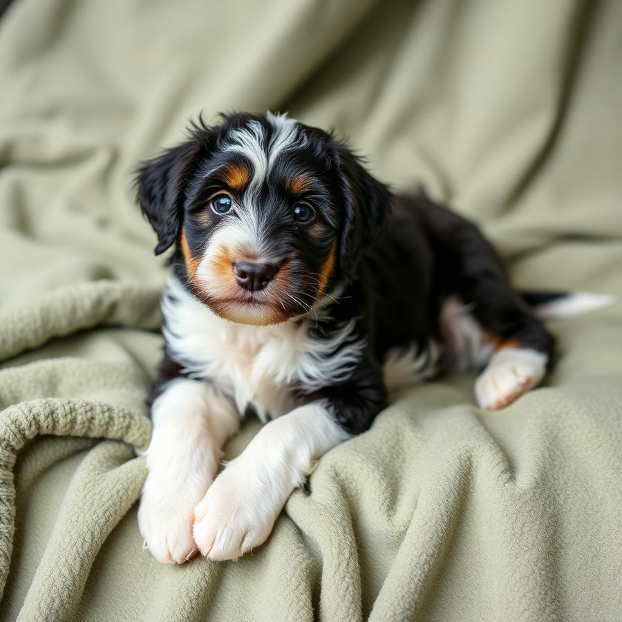 Juno, a tri-color medium bernedoodle puppy