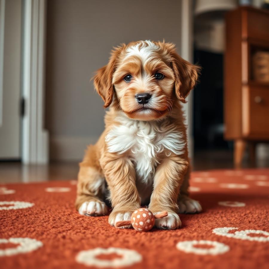 Rowan, a red with white markings mini goldendoodle puppy