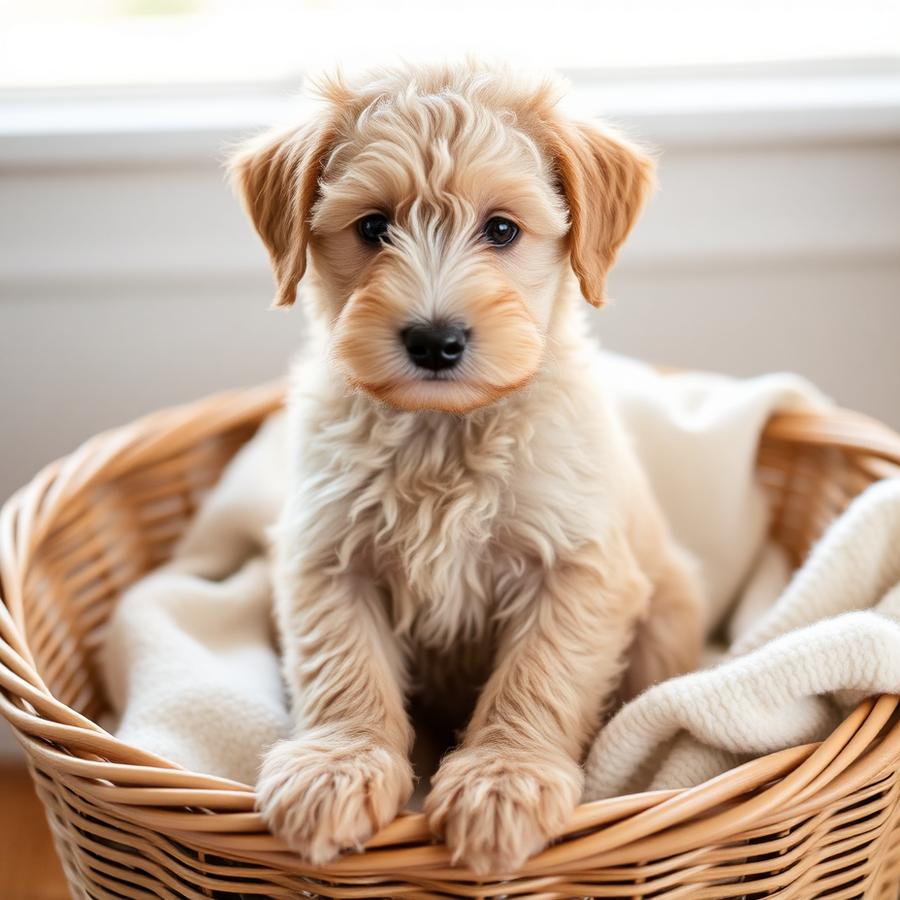 Wren, a silver-beige petite goldendoodle puppy